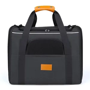 Foldable dark grey pet carrier bag for small dogs and cats with orange handles