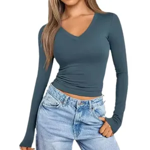 Slim fit women's long sleeve V-neck top in slate blue for autumn wardrobe wear