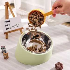 Tilted neck protection pet bowl with stainless steel insert and yellow food scoop