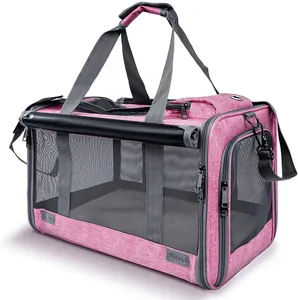 Pink breathable pet carrier bag with mesh windows and shoulder strap for cats and small dogs