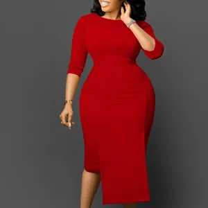 Elegant red bodycon office dress with three-quarter sleeves and side slit