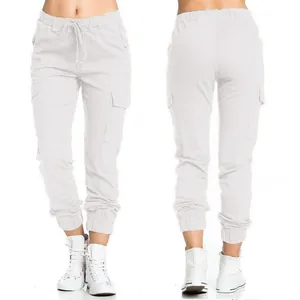 Front and back views of women's white cargo joggers with elastic drawstring waist