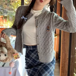 Korean style grey cable knit cardigan with cute bear embroidery for autumn/winter