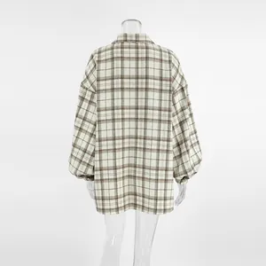 Back view of a classic vintage brown plaid oversized shirt with casual loose fit for women