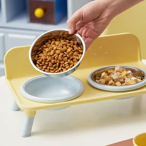 Elevated double stainless steel pet bowl stand with yellow base for neck protection