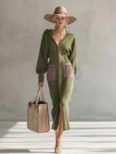 Elegantes olivgrünes Maxi-Kapuzenkleid mit Reißverschluss und schmaler Taille