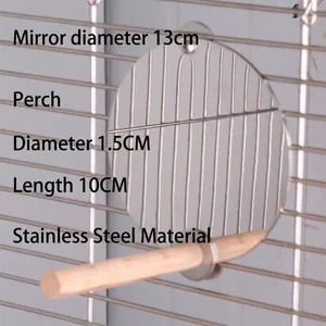 Detail showing stainless steel bird mirror toy with a 10cm wooden perch attached