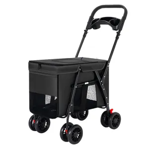 Sturdy foldable black pet stroller for large dogs with mesh windows and cup holder