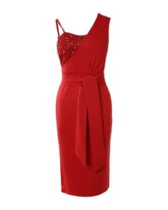 Elegant red one-shoulder evening dress with sequins and a matching waist tie