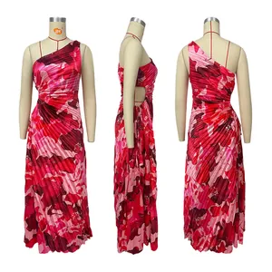 Three-way view of a floral one-shoulder pleated maxi dress with side cut-out details