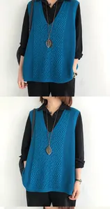 Dettaglio del gilet in maglia blu con scollo a V e motivo traforato retrò per donna.