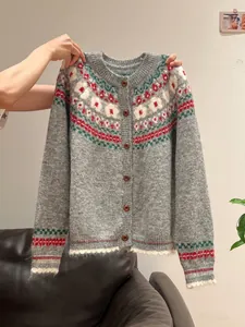 Vintage Fair Isle knit cardigan sweater with retro patterns for women's autumn style