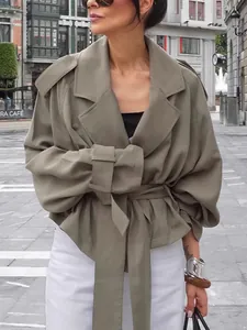 Elegant khaki wide lapel short trench coat with belt for women casual streetwear style