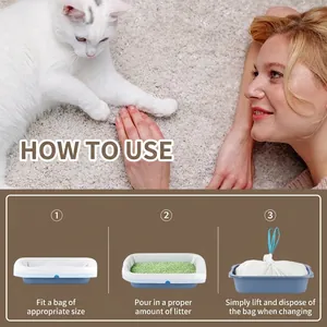 Step-by-step instructions for drawstring cat litter box liners with a cat and owner
