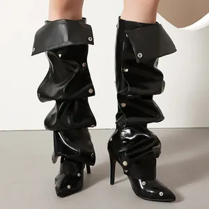 Mode Spitze Zehe Pfennigabsatz Slouch Stiefel Für Damen Nieten Dekor Hosenbein Kniehohe Stiefel Kunstleder Große Größen Schicke Party Schuhe