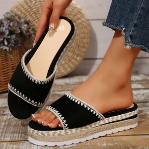 Dames Bohemia Espadrille Wigzool Platform Sandalen Peep Toe Kunstleer Slippers Handgemaakte Stiksels Zomer Strand Schoenen