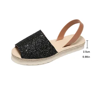 Detailed view of women's black glitter flat sandals with 2.5cm platform height measurement