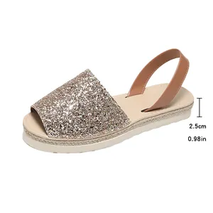 Detailed view of sequined flat peep-toe sandal with 2.5cm heel height measurement