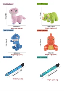 Plush dinosaur and snake dog toys specifications including dimensions and weights