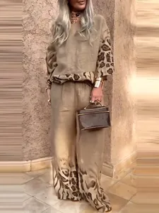 Women Fashion Khaki Leopard Patchwork Top And Bottom Loose Round Neck Long Sleeve Wide Leg Pants Set For Casual Daily