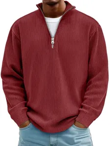 Polo informal burdeos para hombre con cremallera de un cuarto, cuello alto y manga larga
