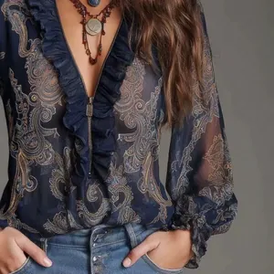 Elegant navy blue deep V-neck chiffon blouse featuring paisley print and stylish ruffle details