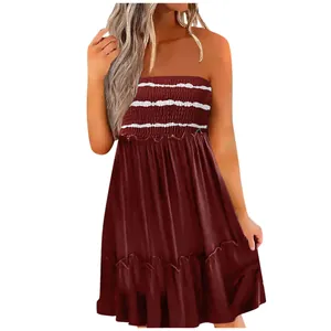 Elegant strapless burgundy pleated dress featuring white horizontal stripes and a ruffled hem