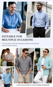 Men's versatile long sleeve oxford shirts displayed in various lifestyle and business settings
