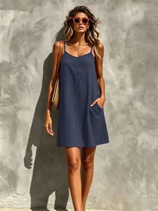 Ärmelloses Kleid mit V-Ausschnitt und Seitentaschen in Marineblau, Freizeit-Look