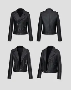 Comprehensive detail view showing front and back of women's slim black PU leather biker jacket