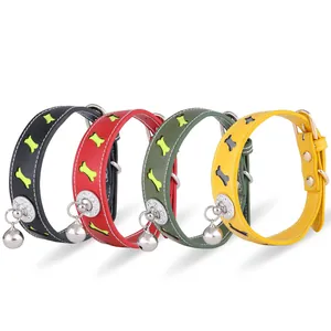 Professional set of four colorful bone pattern pet collars with bells for cats and small dogs
