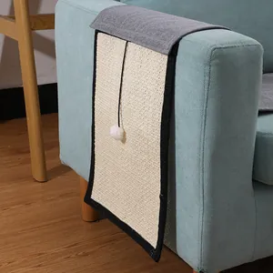 Natural sisal cat scratching mat for sofa armrest protector with hanging plush ball toy
