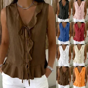 Détail des hauts décontractés sans manches à col en V avec volants en plusieurs coloris femme