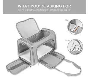 Detail showing the foldable grey pet carrier bag with plush mat and adjustable shoulder strap