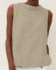Detailed view of women's sleeveless cotton linen top featuring a minimalist round neck design