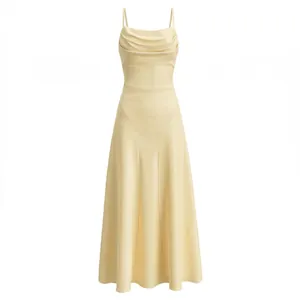 Elegant yellow satin slip dress with a cowl neck and thin spaghetti straps for summer.