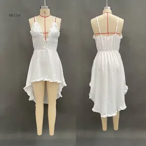 White sexy spaghetti strap dress with ruffled irregular hem for summer beachwear