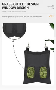 Detail of black hay feeding bag with dual windows and metal hanging clips.