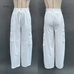Front and back view details of stylish white wide-leg cargo pants with pockets for women