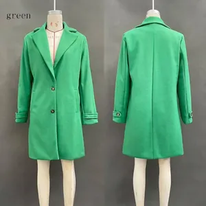 Detailed front and back views of a stylish green mid-length lapel wool coat for women