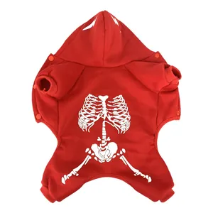 Detailed view of red Halloween dog hoodie featuring a white skeleton bone print