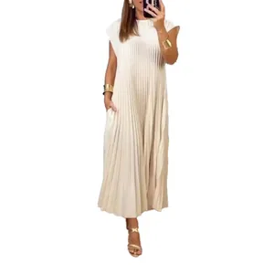Elegantes ärmelloses plissiertes Maxikleid mit Rundhalsausschnitt in Beige für Damen