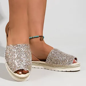 Stylish glittery open-toe flat sandals with woven espadrille platform sole for women
