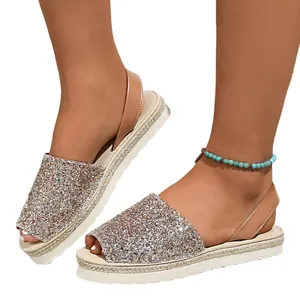 Sparkling glitter flat peep-toe sandals for women with comfortable cushioned sole.