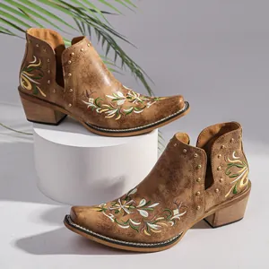 Detailed shot of vintage western ankle boots with floral embroidery and studs