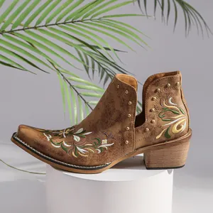 Detailed macro view of brown vintage western boots with floral embroidery and studs
