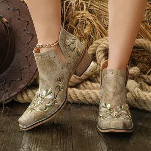 Detailed view of vintage ethnic style Western boots with floral embroidery and studs