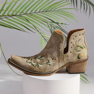 Detailed view of women's vintage Western ankle boots with ethnic embroidery and rivets.
