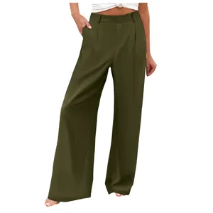Dettaglio dei pantaloni casual a vita alta verde oliva da donna a gamba larga