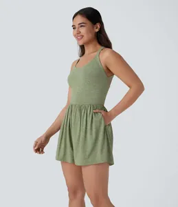 Sleeveless green knit romper for women featuring a gathered waist and practical side pockets